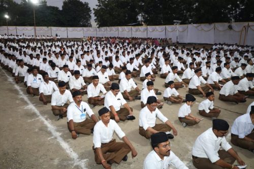 RSS volunteers participating in Vijaydashmi Utsav(festival) and Sanchalan(route march) on October 5, 2025, at Shri Guru Govind Singh Nagar, Nanded in Maharashtra.Image source: vskbharat.com