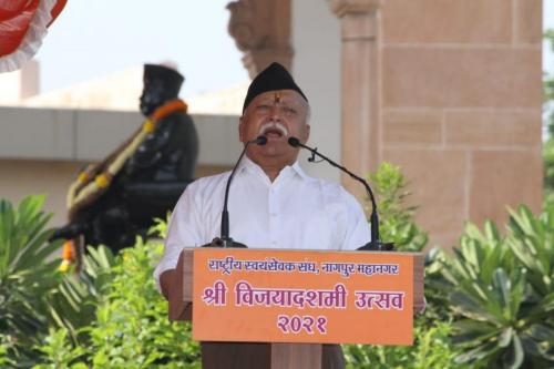 RSS Sarsanghchalak Dr. Mohan Bhagwat delivering an annual address on Vijayadashami at Nagpur in October 2022. 