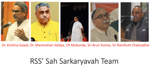 Five Sahsarkaryavahs( joint general secretaries of RSS): Dr Krishna Gopal, Dr Manmohan Vaidya,  CR Mukunda,  Arun Kumar,  RamDutt Chakradhar.  Image source: https://samvada.org/changes-in-responsibilities-and-the-new-rss-team-rssabps-rssabps2021/ 